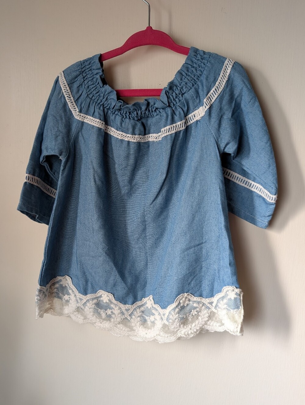 Denim-Style Blue Lace Trim Cotton Toddler GirlDress